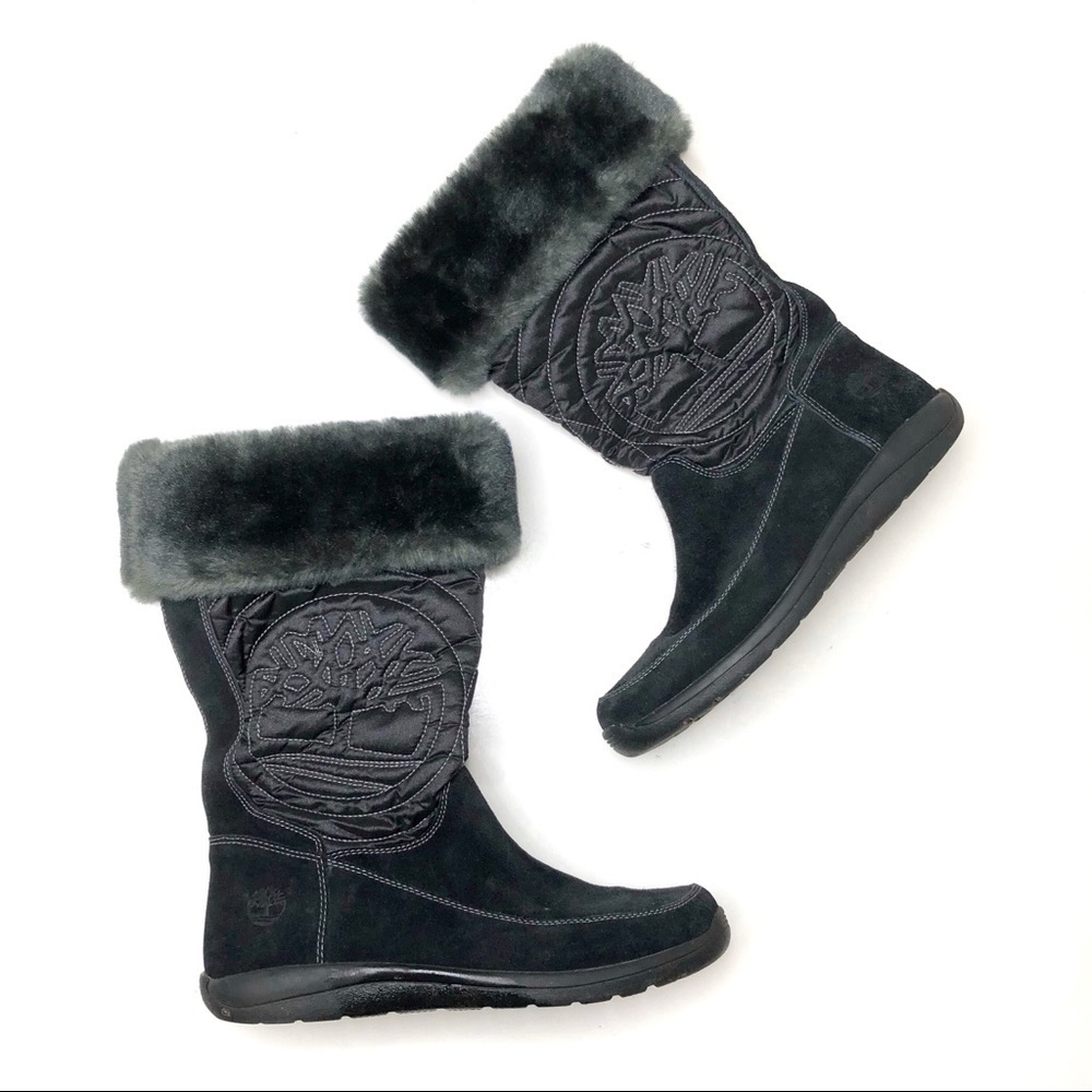 Timberland Suede Hollyberry Pull-On Winter Boot Faux Fur Trim Black 6.5